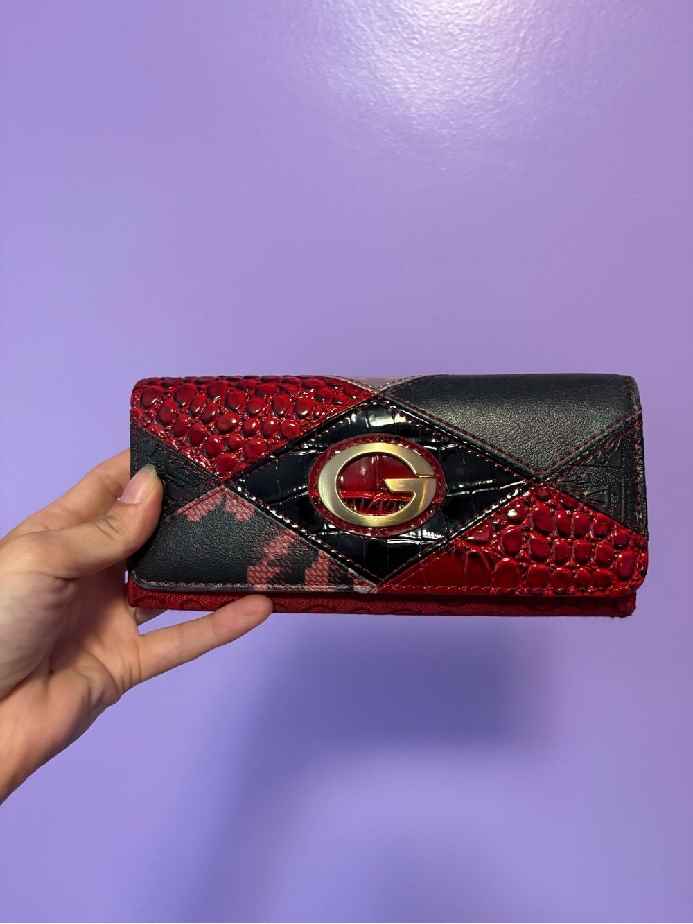 Guess Red and Black Patchwork G-Emblem Wallet